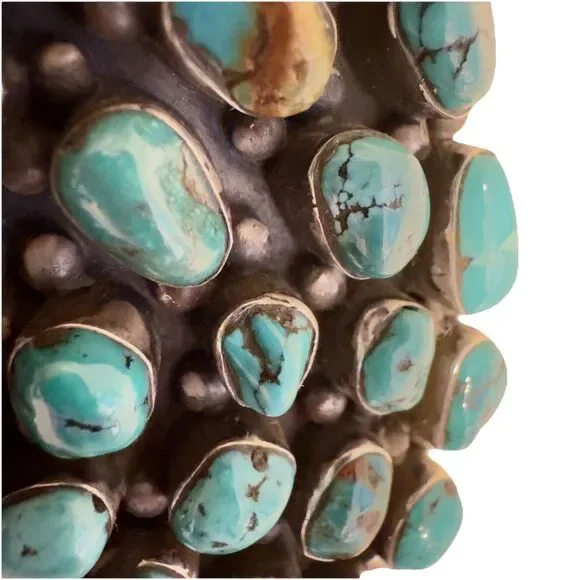 Signed Huge Navajo Sterling Silver Turquoise Cluster Bracelet 152 Grams Museum - Picture 6 of 16